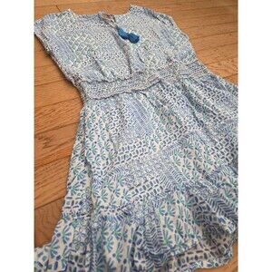 Vineyard Vines Girl's Patchwork Smocked Waist Dress Ruffles Blue Green Small